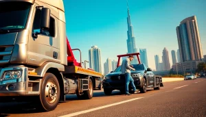 Help from https://trtrecoveryuae.com where a tow truck assists a stranded vehicle in Dubai.