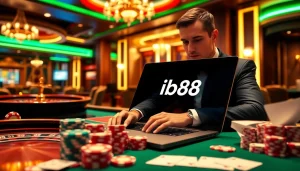 Engaging online gambling session featuring ib88 with poker chips and roulette wheel.