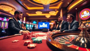 Players enjoying thrilling games with the jun88 com logo in a vibrant casino setting.