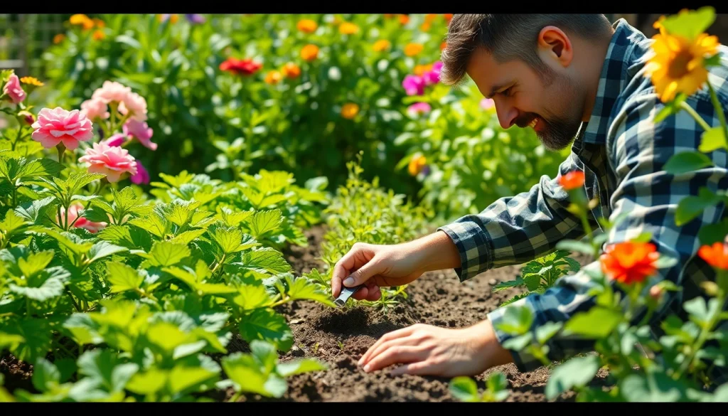 Gardening professional cultivating a lush vegetable garden with vibrant blooms and healthy plants.