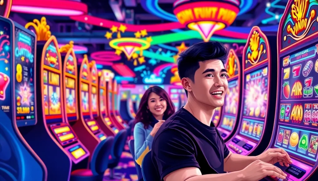 Permainan menarik petanitoto dengan pemain penuh semangat dan mesin slot berwarna-warni.