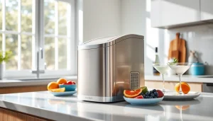 Affordable ice maker displayed in a modern kitchen setting with fresh fruits and glassware.