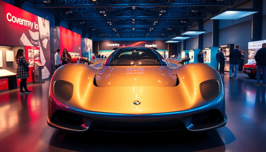 Vibrant scene of Coventry Transport Museum featuring the Thrust SSC, inviting families and car lovers to explore British automotive history at https://coventryhub.co.uk/coventry-transport-museum/.
