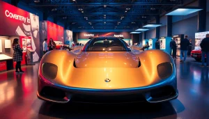 Vibrant scene of Coventry Transport Museum featuring the Thrust SSC, inviting families and car lovers to explore British automotive history at https://coventryhub.co.uk/coventry-transport-museum/.