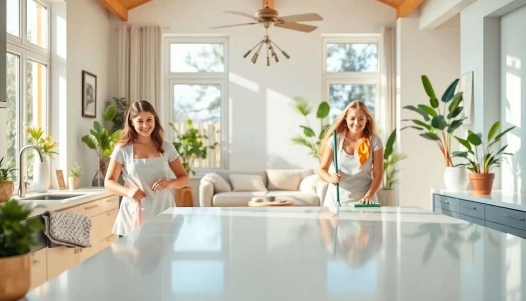 Engaged cleaning service team brightening a modern home environment with their pristine work.