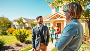 Real Estate agent showcasing a beautiful home in a sunny suburb during a tour.