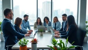 Business team collaborating in a modern office while discussing strategies.