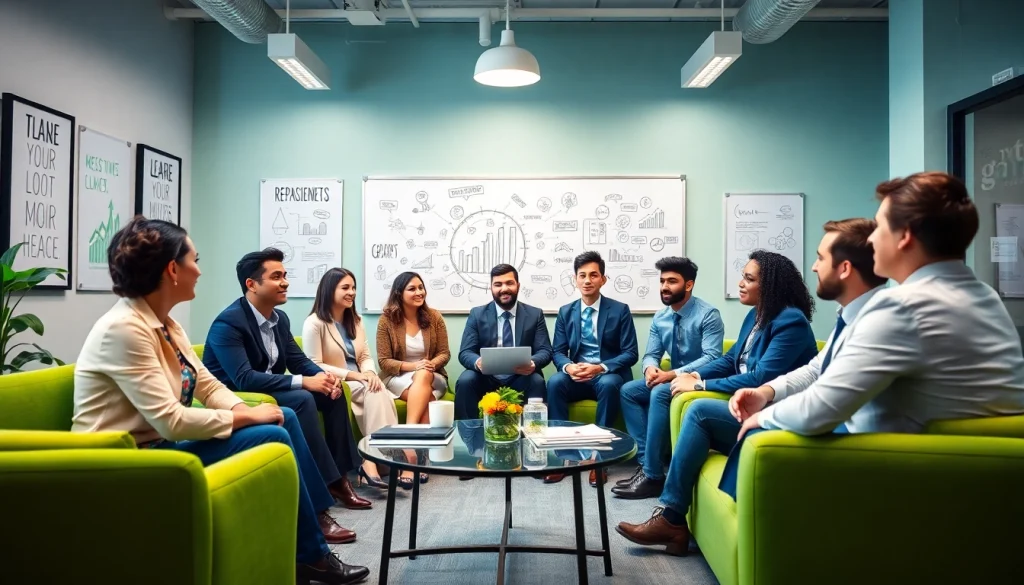 Engaging discussion in a professional setting with a business coach near me guiding entrepreneurs.