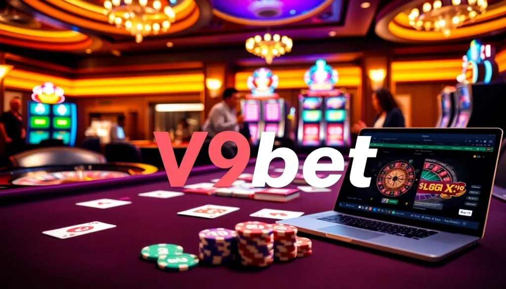 V9bet casino scene with vibrant gaming tables, poker chips, and online gambling devices.