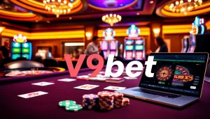 V9bet casino scene with vibrant gaming tables, poker chips, and online gambling devices.