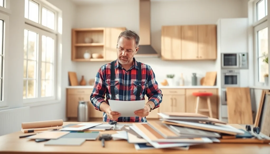 Home renovation contractor reviewing design plans in a bright kitchen remodel
