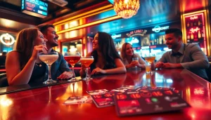 Club21 fake ids showcased on a bar table among young adults enjoying vibrant nightlife.