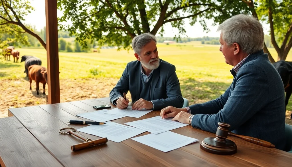 Advising on agriculture law in a professional farm setting with fields in the background.