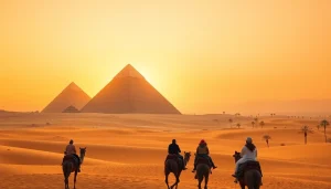 Experience the breathtaking Pyramids of Giza at sunset via https://emegypt.net, with tourists on camels in the foreground.