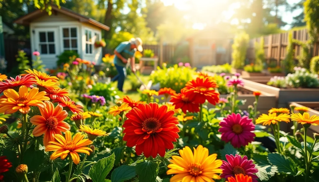Gardening enthusiast cultivating a colorful flower and vegetable garden in bright sunlight.
