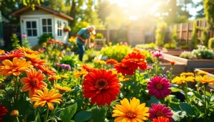 Gardening enthusiast cultivating a colorful flower and vegetable garden in bright sunlight.