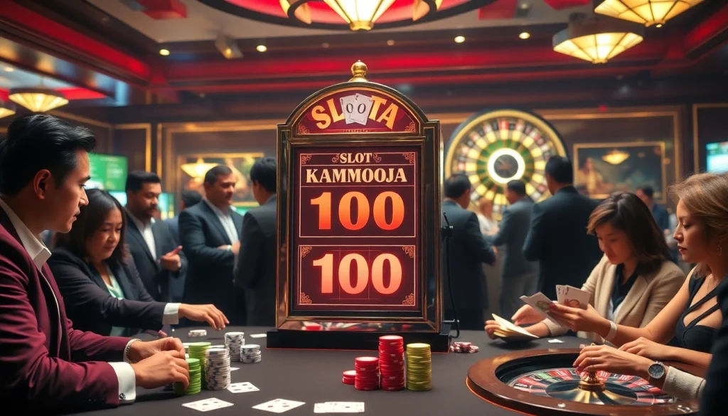 Slot Kamboja Bet 100 players experiencing excitement at a dynamic casino scene.