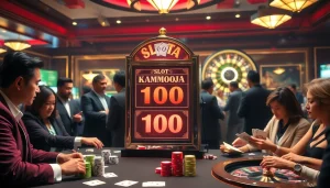 Slot Kamboja Bet 100 players experiencing excitement at a dynamic casino scene.
