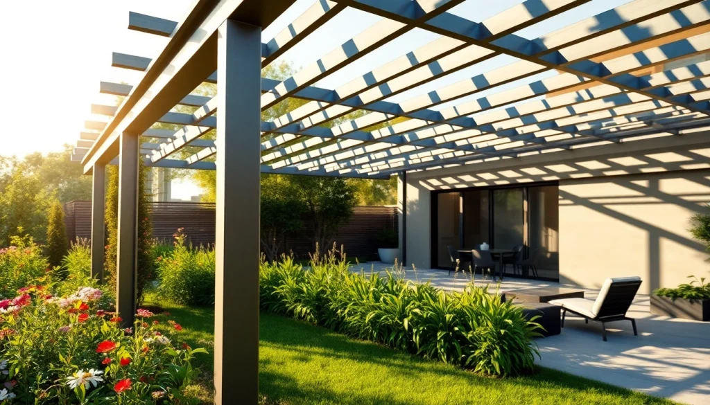 Stylish modern steel pergola amidst a vibrant garden and patio seating area.