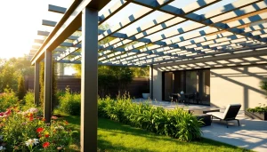Stylish modern steel pergola amidst a vibrant garden and patio seating area.