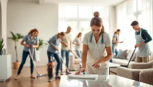 Engaged cleaning service professionals transforming a residential space into a spotless sanctuary.
