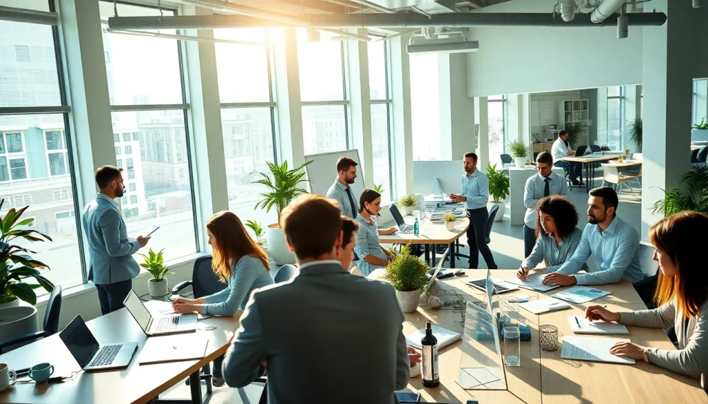 Engaging scene of a Business environment with professionals collaborating in a bright office.