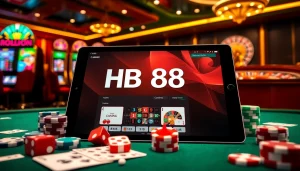 Experience HB88 with vibrant casino elements like chips and cards in a luxurious setting.