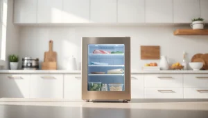 Showcasing a mini freezer in a sleek kitchen, demonstrating its compact elegance and usability.
