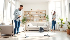 Enhance your space with a professional Cleaning service team effectively cleaning a bright living room.