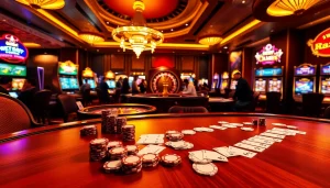 UU88 casino scene featuring poker, roulette, and slot machines in a vibrant atmosphere