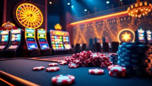 Experience the excitement of new66 with animated poker chips and vibrant slot machines.