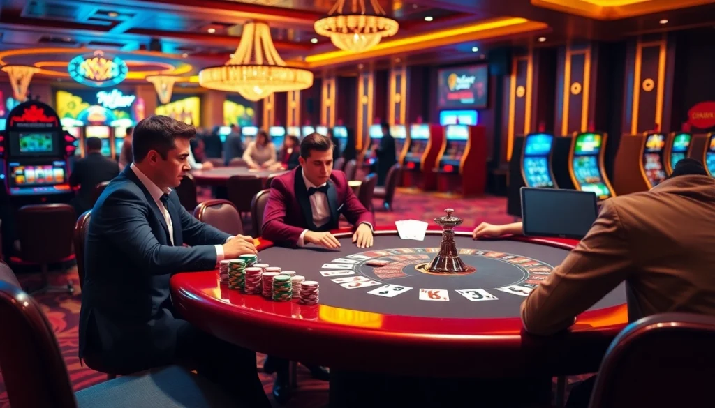 Experience the thrill of gambling at Trang chủ MM88, showcasing vibrant poker games and casino ambiance.
