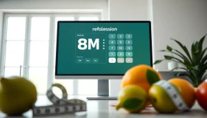 BMI calculator interface in a clean health-focused environment with measuring tapes.