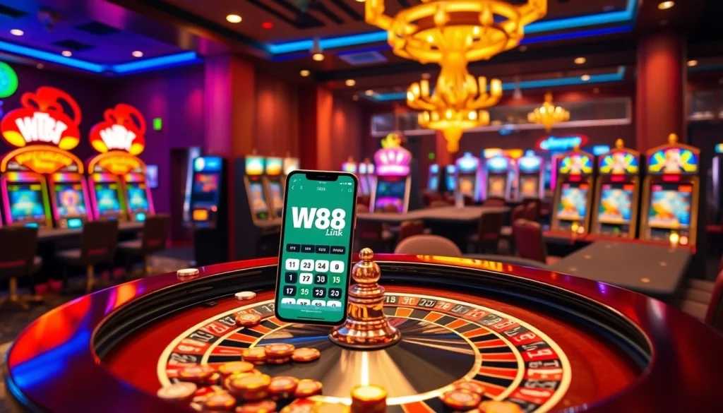 Trải nghiệm sự phấn khích của liên kết W88 tại một casino sống động với bàn roulette và máy đánh bạc.