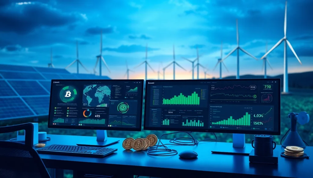 Cloud crypto mining digital workspace with AI interfaces and renewable energy elements