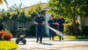 Professional pressure wash team cleaning a driveway in Kissimmee, FL, showcasing vibrant results.
