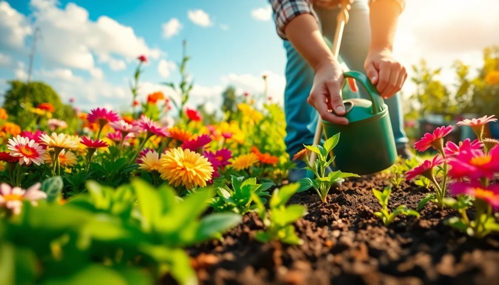 Gardening scene showing a gardener planting seedlings in a vibrant flower garden.