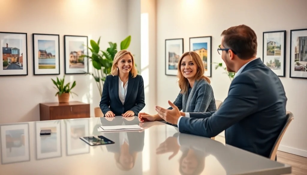 Showcasing real estate services with a professional agent engaging clients in a modern office.