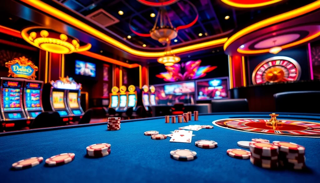 Experience the thrill of gambling at VN88 with an elegant casino scene showcasing games.