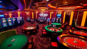 Exciting scene of gambling at OK365 Homes with vibrant casino tables and thrilling atmosphere.