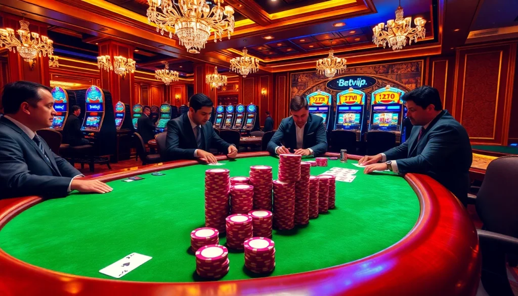 Người chơi đang tận hưởng một ván poker cược cao trên bàn casino sang trọng của Betvip, với các quân chip nhiều màu và bộ bài.