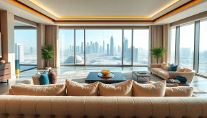 Elegant living room interior design dubai showcasing modern furniture and natural light.