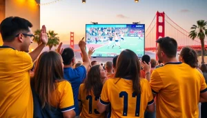 Exciting scene of sports betting in California featuring friends celebrating a game together.