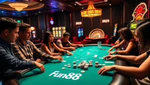 Exciting Fun88 poker game in a luxurious casino setting with vibrant atmosphere.
