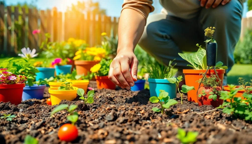 Gardening scene with a gardener planting seeds in vibrant, colorful plants and flowers.
