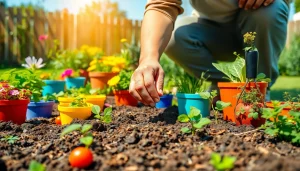 Gardening scene with a gardener planting seeds in vibrant, colorful plants and flowers.