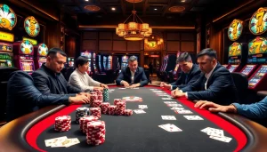 Analyze the reliability of 789BET through an exciting casino scene with poker players and games.