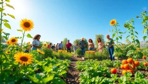 Gardening enthusiasts cultivating vibrant plants and vegetables in a sunny community garden.