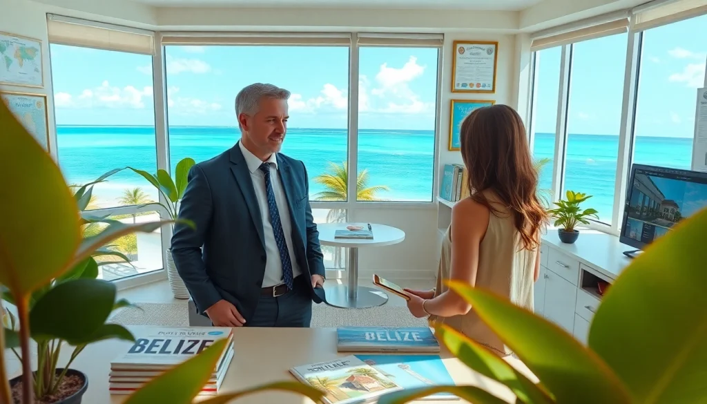 Dustin Rennie engaging with clients in a modern Belize real estate office overlooking the Caribbean Sea.