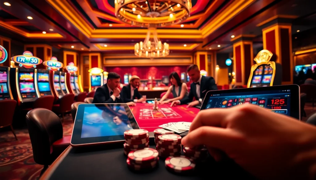 Players strategizing in luxurious casino gaming scene at https://rr88c.org/ with poker chips and cards.